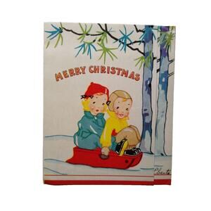 Merry Christmas Greeting Card Vintage Children On Sled Mid Century Modern